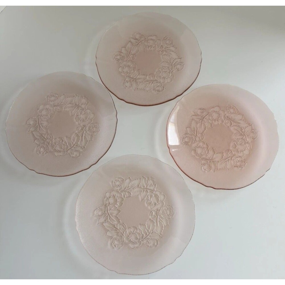 Set Of 4 Vtg Arcoroc France Rosaline Floral Pink Glass Salad Plates